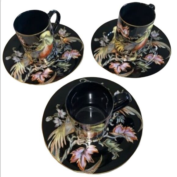 6 Pcs Fitz&Floyd Chinese Pheasant Plate& Mug 14K Trim Black Olive Made In Japan - Picture 1 of 10